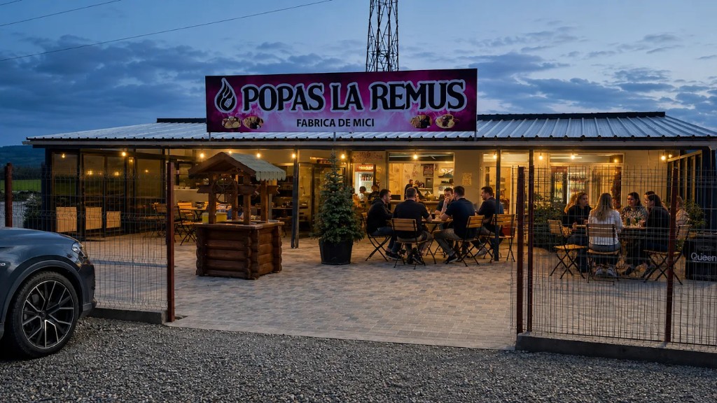 Popas La Remus seara — terasă iluminată și Fabrica de Mici, Vaslui